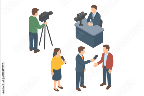 Isometric media crew filming interview and broadcast setup
