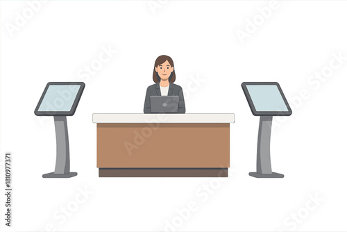 Female employee assisting at service counter with digital information kiosks