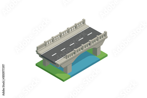 Isometric road bridge crossing over blue water and green land