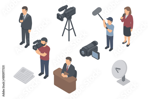 Isometric icons of broadcast professionals and media production equipment