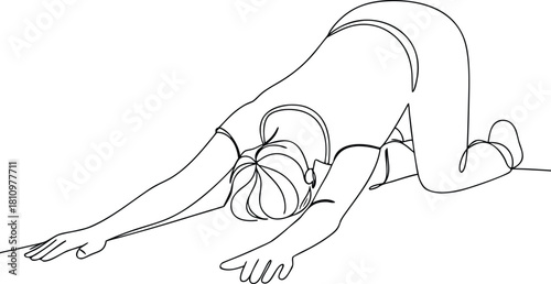 Single line drawing of a person in a yoga pose stretching