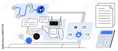 Robot answering chats on laptop screen with sentiment icons, process flow, contact icons, calculator, and papers. Ideal for AI, chatbot, support automation workflow data and efficiency. Simple