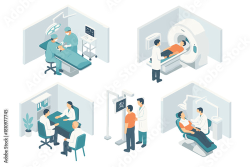 Collection of isometric scenes showing medical procedures and patient care