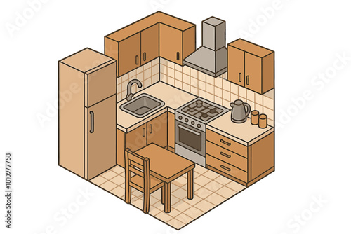 Isometric small kitchen interior with appliances and dining set