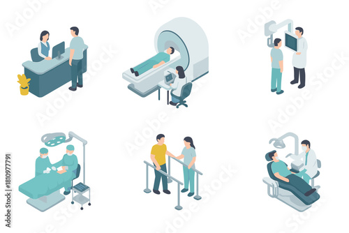 Isometric medical procedures including reception, MRI scan, consultation, surgery, therapy, and dentistry