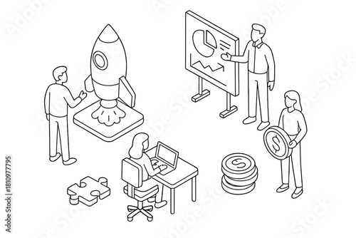Isometric business team planning startup launch with finance and strategy elements