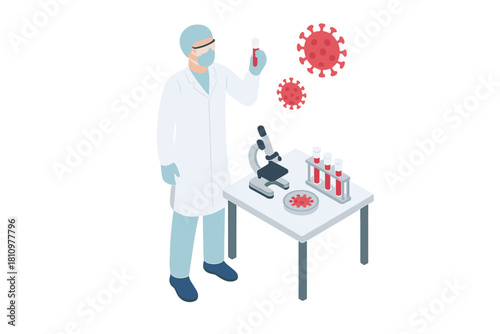 Medical researcher examining virus sample with microscope and laboratory equipment