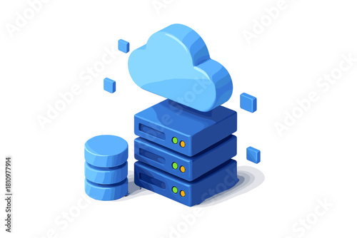 Isometric cloud computing data storage server stack and database icon