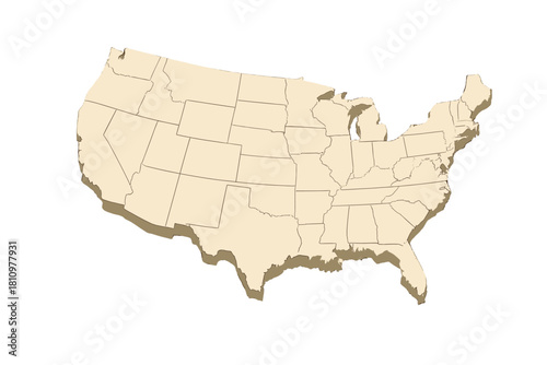 Three dimensional map outline of contiguous United States political boundaries