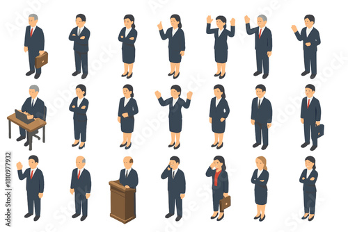 Isometric business people characters showing various professional poses and actions