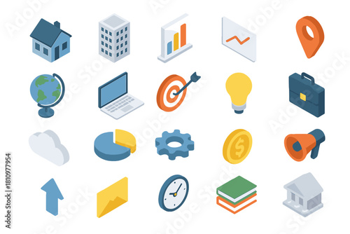 Isometric business and finance icon set for application interface design