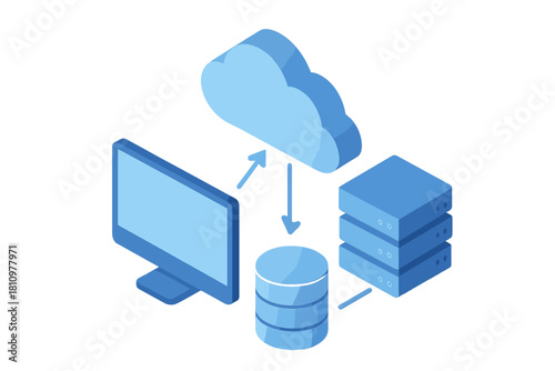 Isometric data flow between cloud, monitor, and server racks