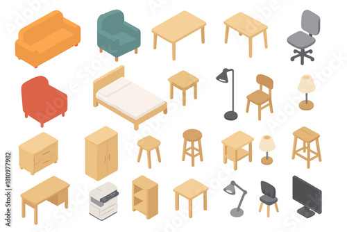 Isometric collection of various home and furniture elements for interior design
