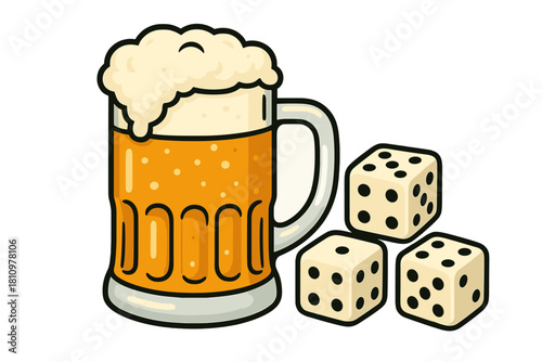 Mug of foamy beer and three ivory dice for casual gaming