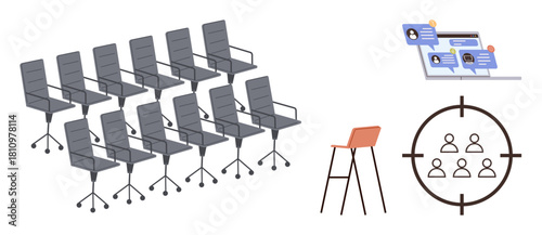 Row of gray office chairs, recruitment profiles, a single modern chair, and a target group. Ideal for hiring, workforce, recruitment, strategy, team building business planning simple flat metaphor