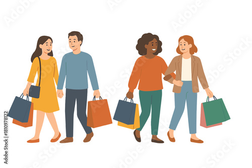Diverse group of friends walking with shopping bags after retail therapy