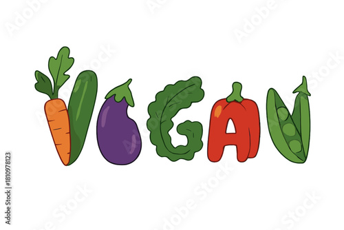 Vegan word spelled out with colorful fresh vegetables and produce items