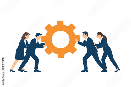 Business team pushing large orange gear mechanism for teamwork concept