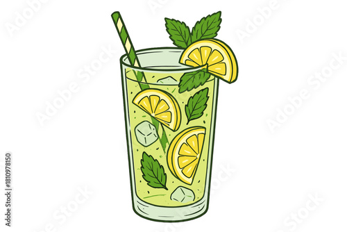 Tall glass of refreshing lemonade with lemon slices and mint garnish