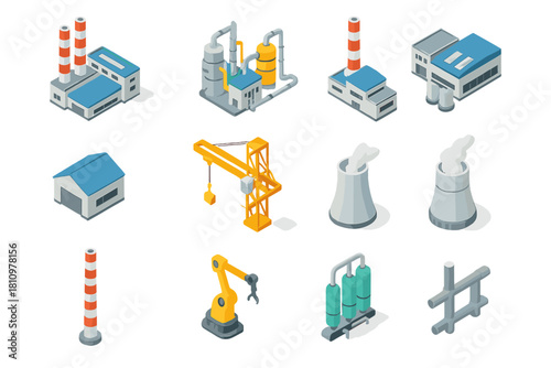Isometric icons of industrial facility and construction elements