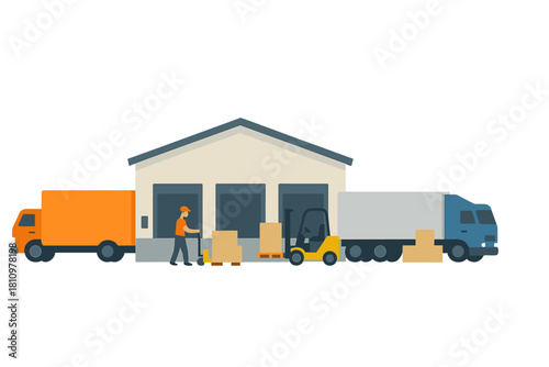 Warehouse loading dock with delivery trucks, forklift, and worker moving cargo