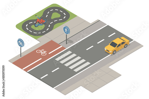 Isometric urban traffic intersection with bicycle lane and crosswalk