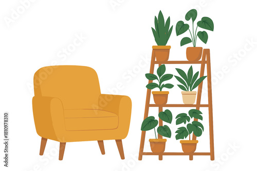 Cozy yellow armchair beside wooden plant stand with potted greenery