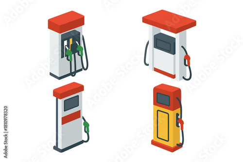 Isometric gas pump icons with red and yellow details for service stations
