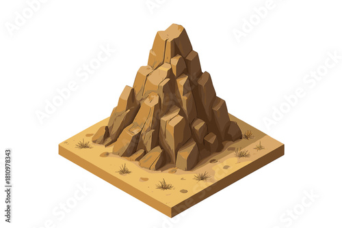 Isometric desert rock formation on sandy terrain with sparse vegetation