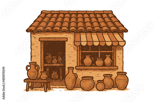 Rustic pottery shop facade with terracotta roof and ceramic jars display