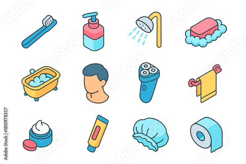 Isometric icons for personal hygiene and bathroom care routines