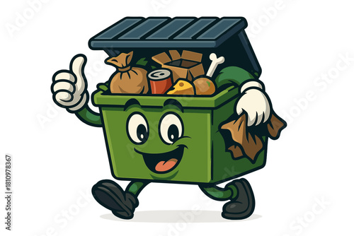Cheerful recycling bin mascot giving thumbs up gesture