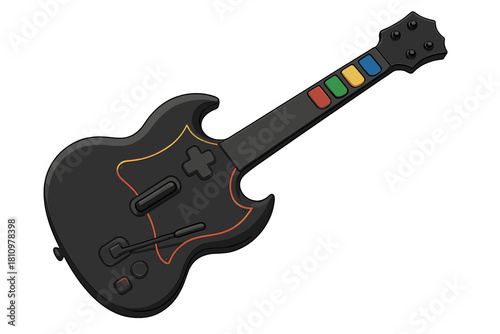 Black video game guitar controller with colored fret buttons