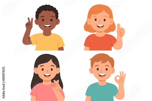 Four happy children showing positive hand gestures and signs