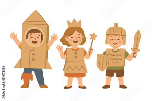 Children in homemade cardboard costumes playing astronaut princess and knight