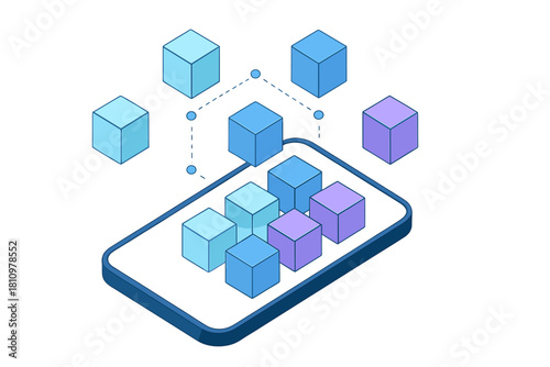 Isometric mobile data storage and cloud connection concept using colorful blocks