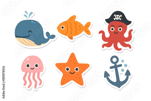 Collection of cute cartoon sea creatures and nautical icons