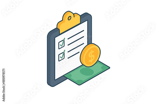 Isometric clipboard with checklist money and coin for financial success