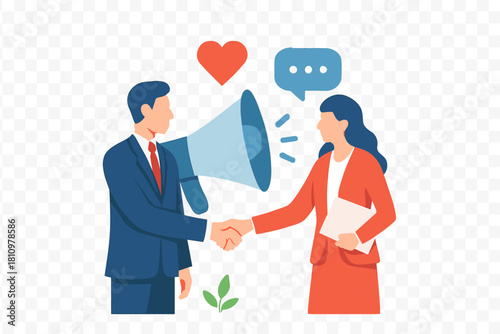 Business professionals shaking hands with megaphone announcing successful partnership