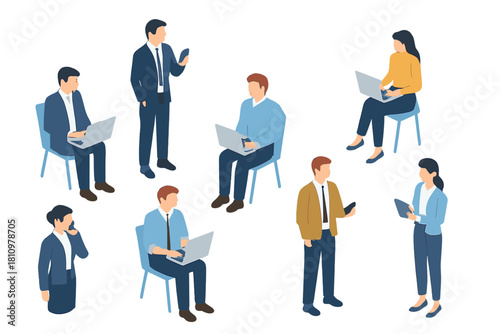Isometric business professionals interacting with laptops and mobile devices