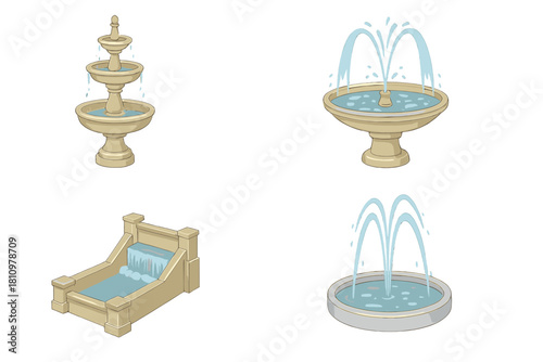 Beige stone water fountains and cascades in a collection