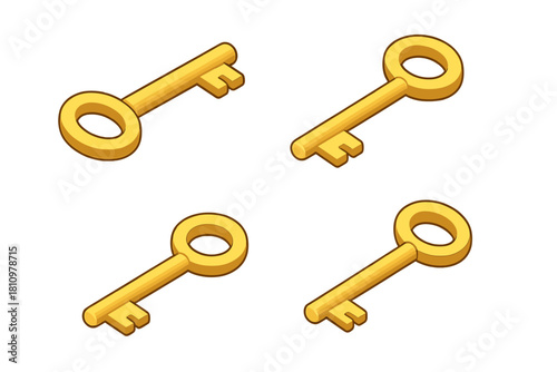 Four isometric antique golden keys with rounded bow shapes