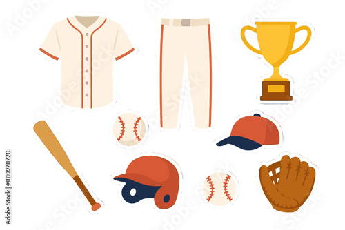 Set of baseball equipment and sports achievement award icons