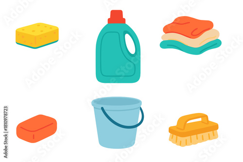 Household cleaning and laundry supplies icon set for home maintenance