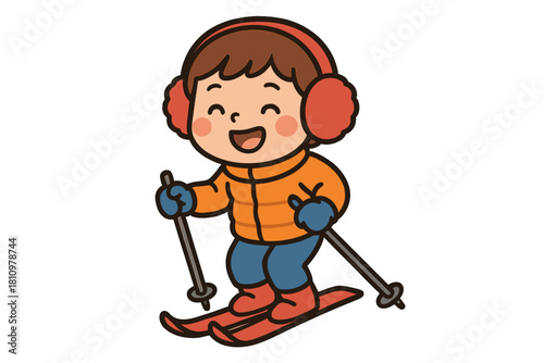 Happy child skiing downhill wearing warm winter clothes and earmuffs
