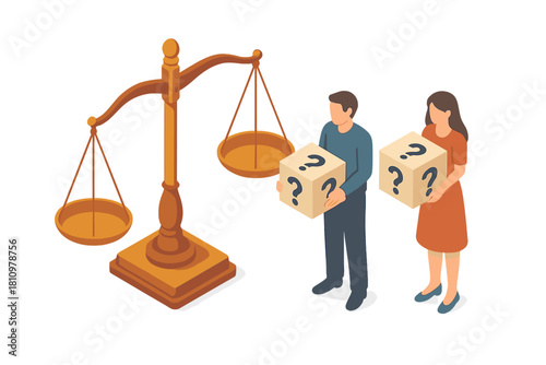 Couple holding question mark boxes near justice scales isometric concept