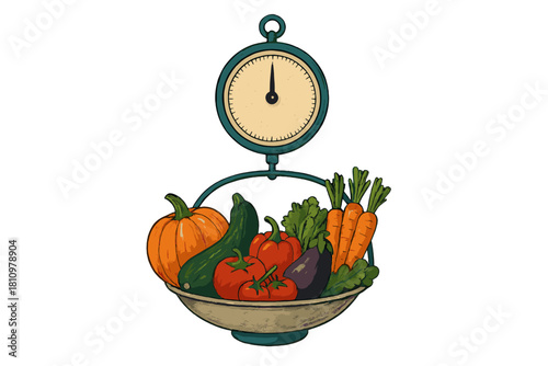Vintage kitchen scale weighing fresh assortment of garden vegetables