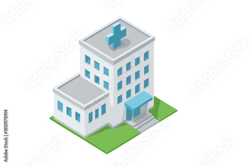 Isometric view of modern white hospital building with blue cross symbol