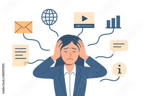 Stressed businesswoman overwhelmed by digital communication icons and heavy workload