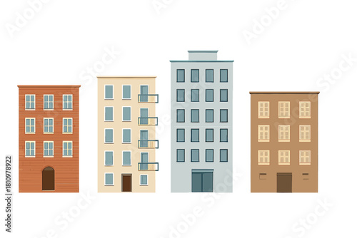 Four colorful apartment buildings with diverse window styles and facades